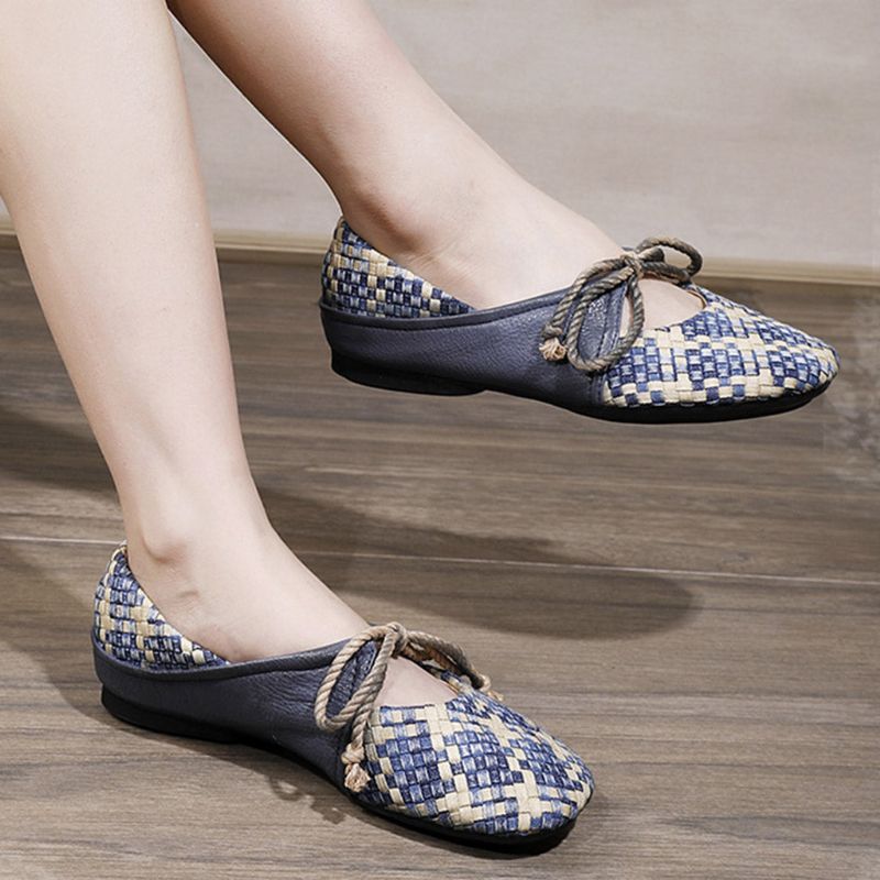 Forår Vintage Læder Vævet Dame Flats
