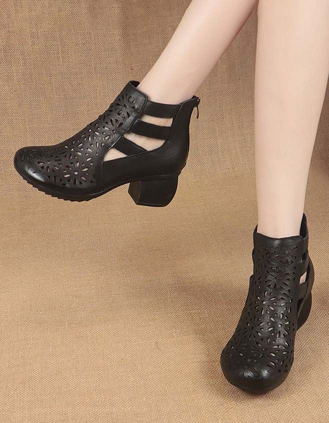Håndlavede Retro Læder Hule Chunky Heels Sandaler