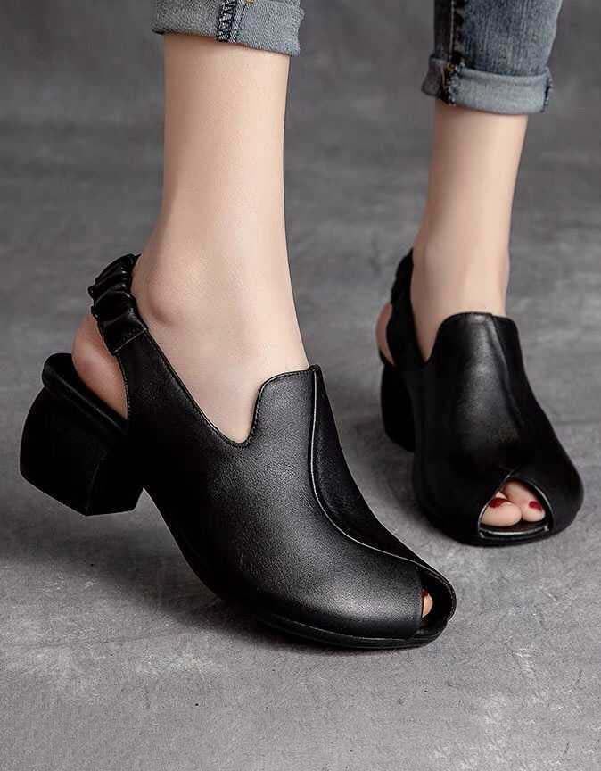 Retro Læder Slingback Fish Toe Chunky Heel Sandaler