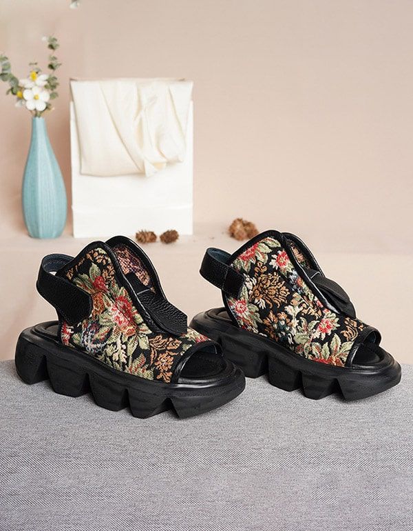 Retro Broderi Etnisk Stil Platform Sandaler